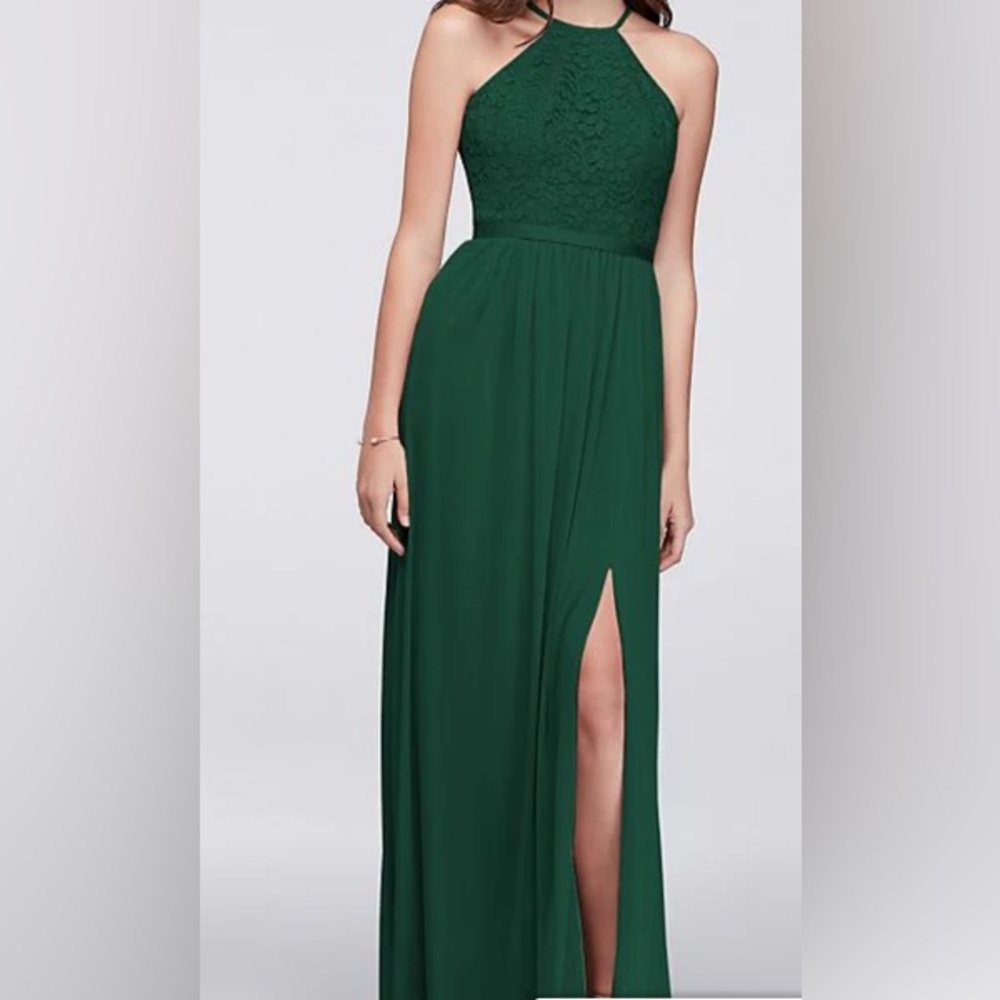 David’s Bridal Lace Chiffon Halter Open Back Long Juniper Bridesmaid Gown Size 4